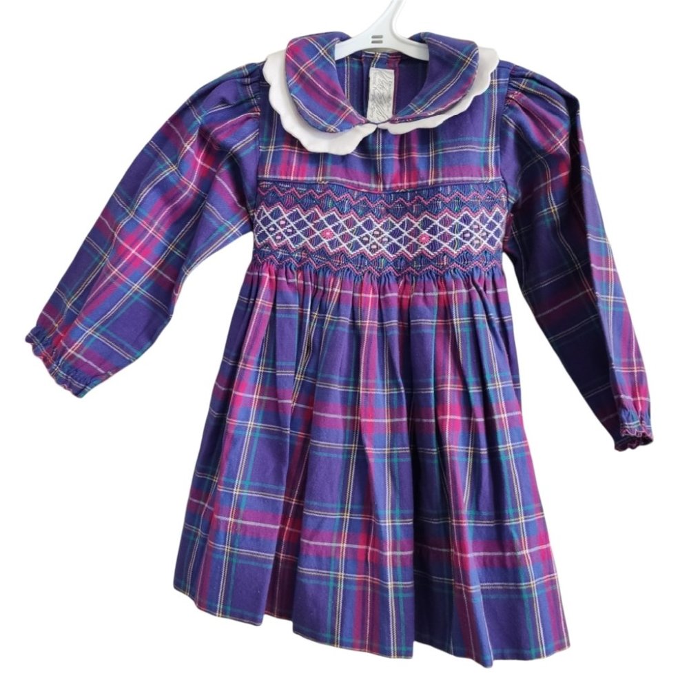 Vintage Lord & Taylor Smocked Plaid Belted Cotton Dress Purple Size 3T